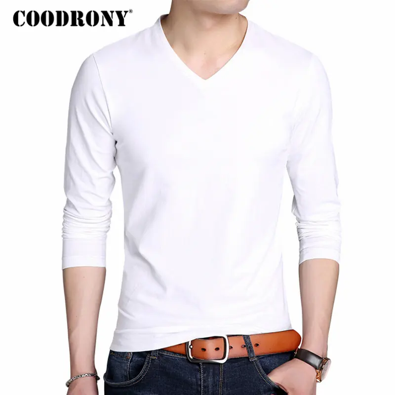 

COODRONY Cotton T Shirt Men 2018 Autumn New Arrival Long Sleeve T-Shirt Men Classic All-match Solid Color V-Neck T-Shirts 7618
