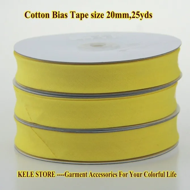 

Free shipping KELE STORE 100% Cotton Bias tape, bias binding tape size: 20mm, width:3/4",2cm,25yds/lot yellow sewing edge tape
