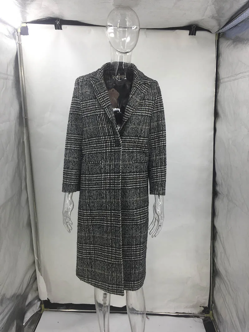 Зимнее женское Шерстяное однотонное пальто 2019 модное клетчатое длинное шерстяное пальто одна застежка свободные женские шерстяные пальто