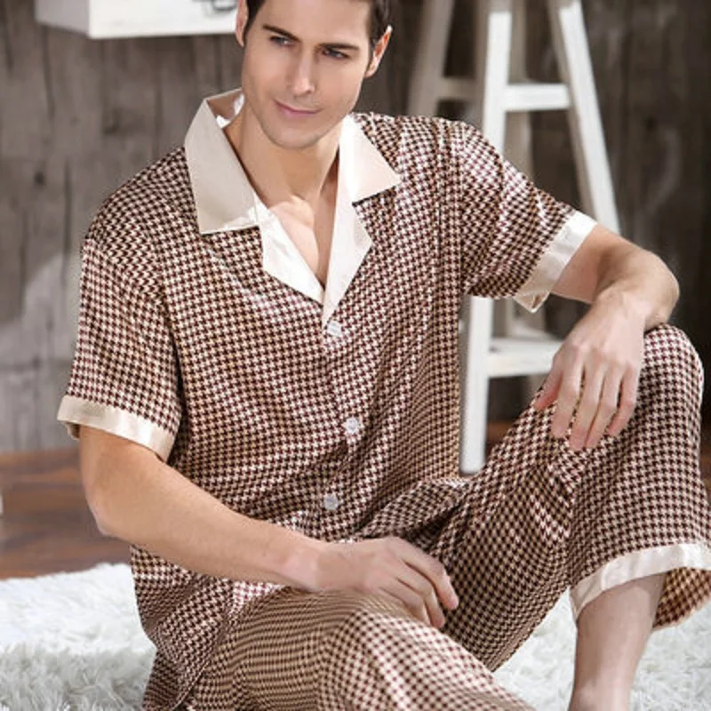 Siriusha Sleepwear Male Silk Short sleeve Length pants Thin silk Spring and Autumn High quality silk is only Chinese style