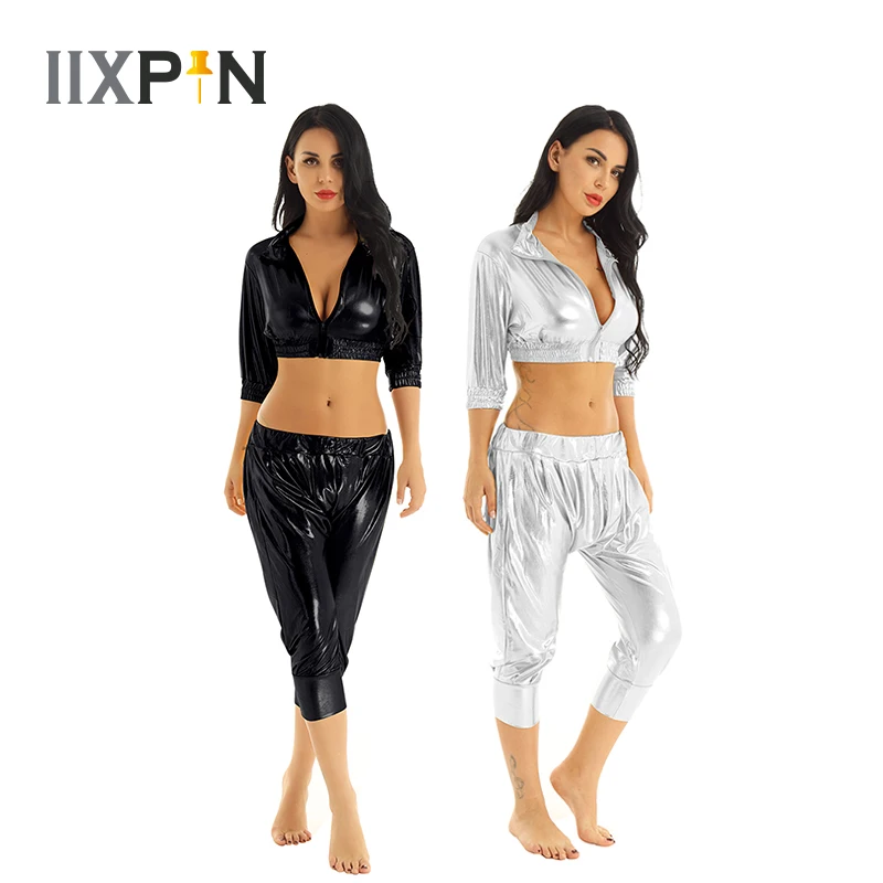 

Women Shiny Metallic Dance Suits Jazz Hip Hop Street Dance Costumes Turn-down Collar Half Sleeves Crop Top Harem Pants Stage