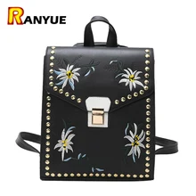 Weiß Schwarz Pu-leder Niet Blume Rucksack Frau Mochilas Mujer 2017 Floral Bestickten Rucksack Schultaschen Für Mädchen Im Teenageralter