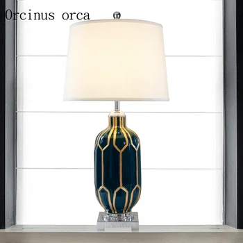

American retro ceramic table lamp bedroom bedside lamp new Chinese creative personality blue hand painted decorative desk lamp