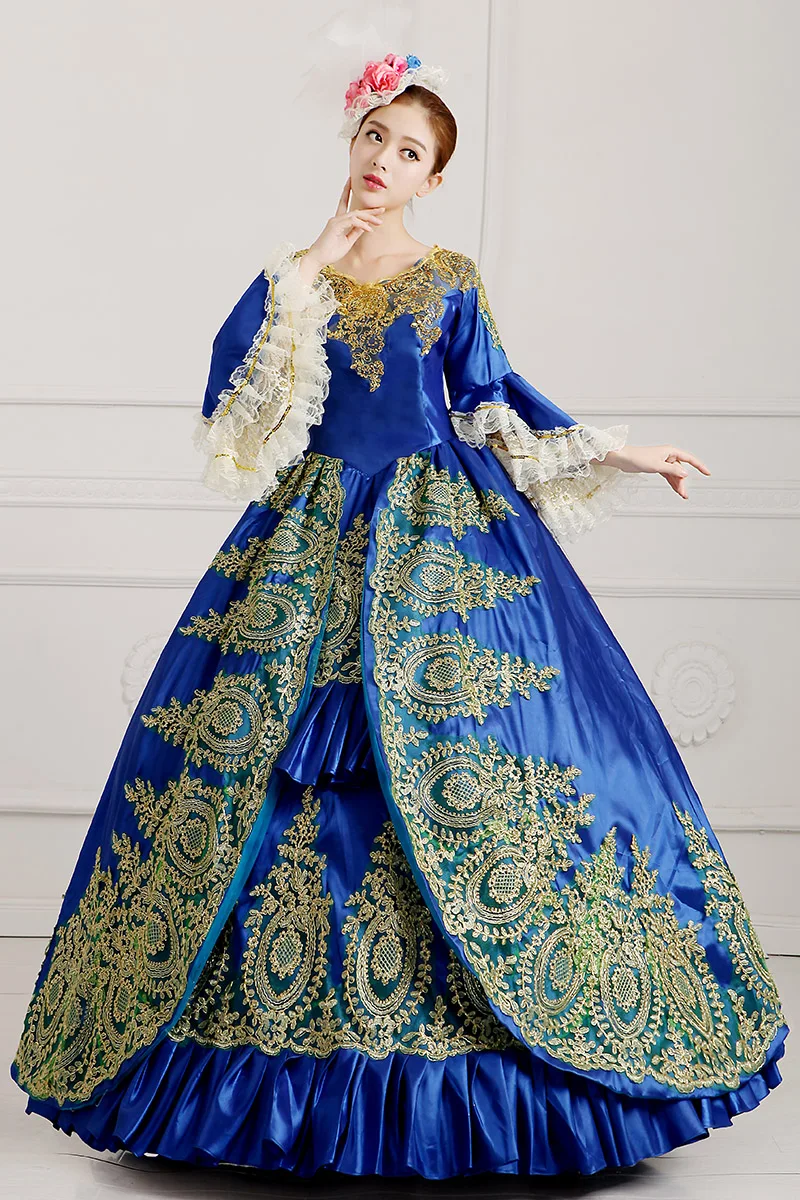 100 real koningsblauw blauw golden borduren gown middeleeuwse kleding