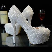 Custom White Pearls Women Wedding Shoes Heels Sexy High Heels Bridal Shoes White Ladies Party Shoes Size Eu34-45 No.007