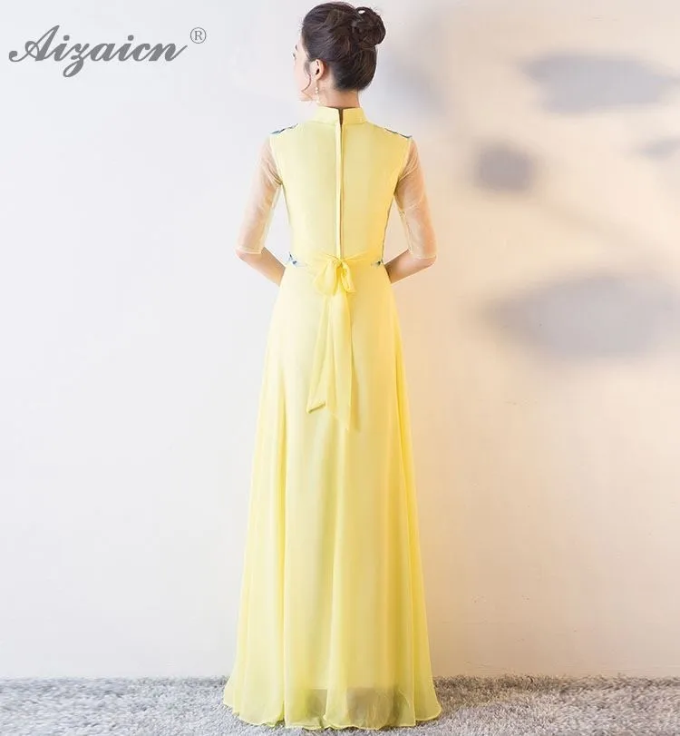 Модные синие Cheongsam Qipao Для женщин длинные традиционное китайское ...