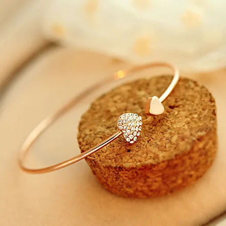 2018 Hot New Fashion Adjustable Crystal Double Heart Bow Bilezik Cuff Opening Bracelet Women Jewelry Gift Mujer Pulseras