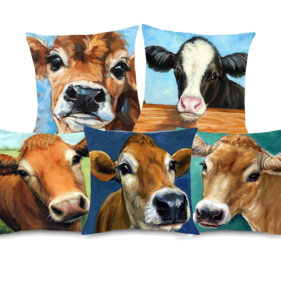 Oil Painting Sweet Jersey Cow Cushion Covers American Farm Wind