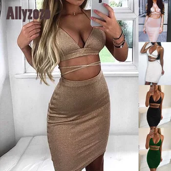 

2 Pieces Set Sexy Bright Slik Lace Up Bandage Sheath Dresses Party Night Backless Dress
