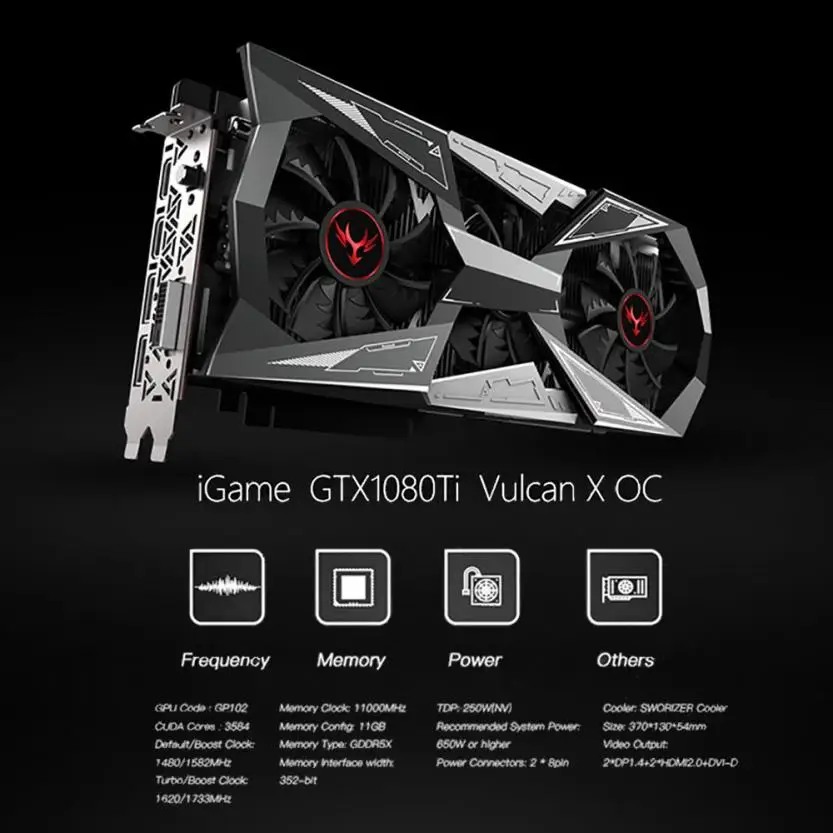 Цветная видеокарта IGame GTX1080Ti Vulcan X OC GPU 1620 1733MHz 11G 352bit SLI VR Ready LCD Monitor MMM|Аксессуары для