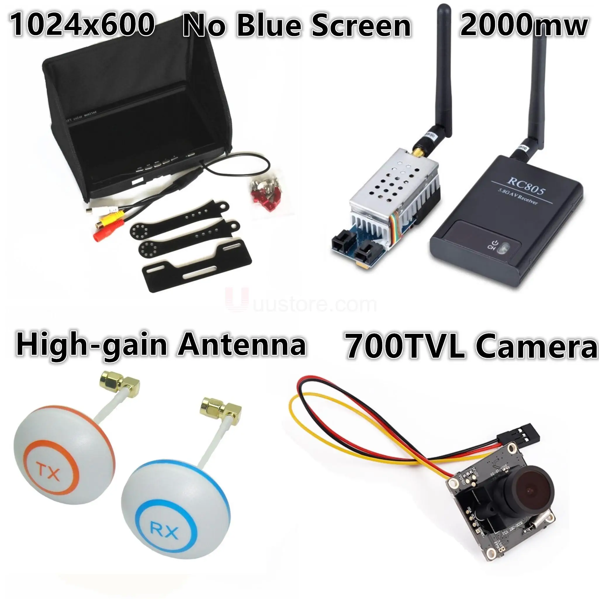  FPV Boscam Combo System 5.8Ghz 5.8g 2000mw Transmitter TS582000 TX RC805 Receiver RX 1024x600 Monit