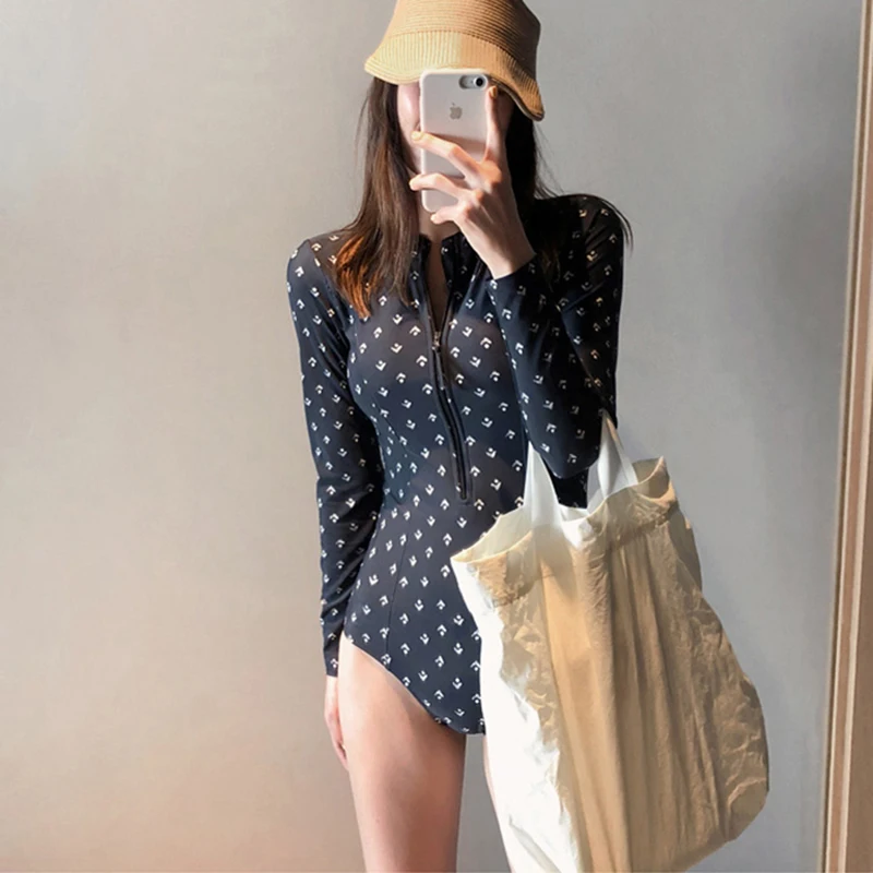 

Women Long Sleeve Zipper One Piece Swimsuit Print Surf Wear Monokini Swimwear Blue Diving Shirt High Neck Surf Clothes Windsurf