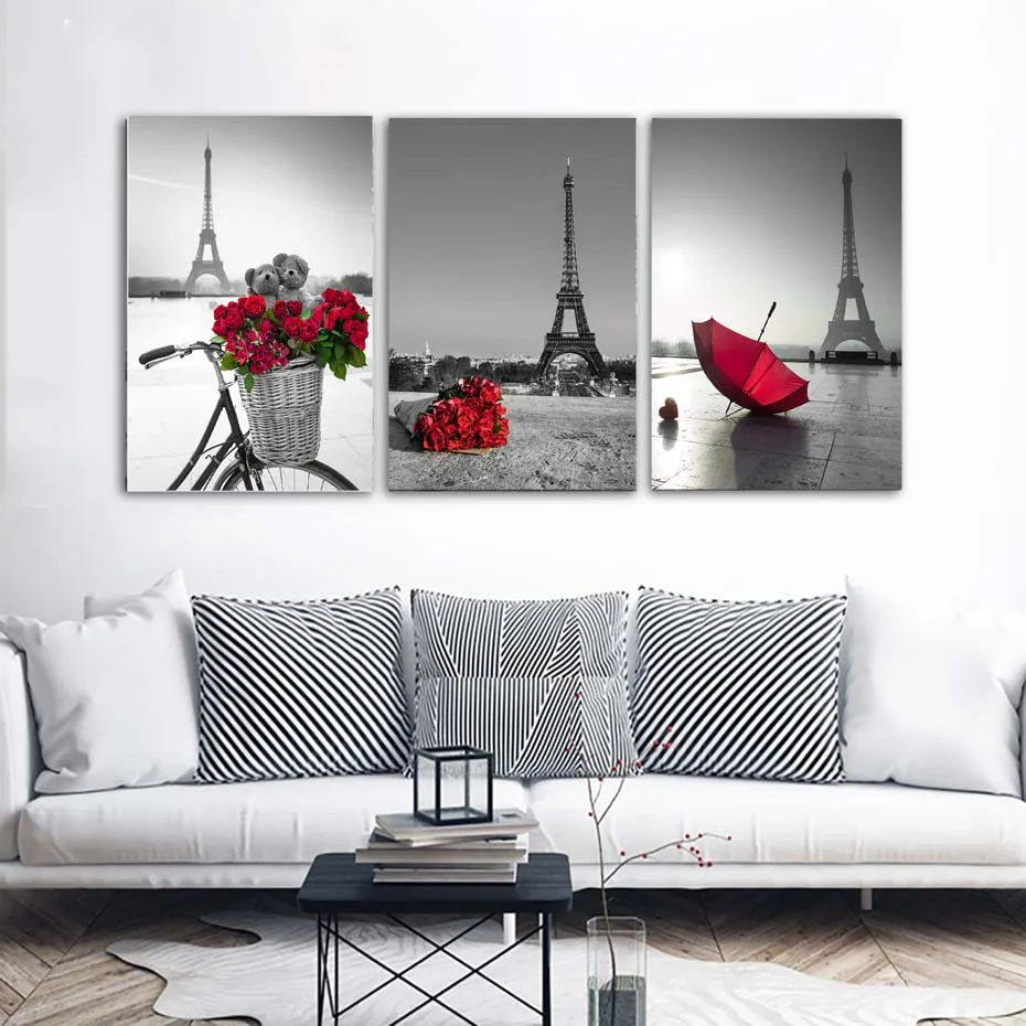 Gray Black Landscape Poster Prints Modern City Tower Canvas Painting On The Wall Red Rose Umbrella&Bike Art Picture For Bedroom