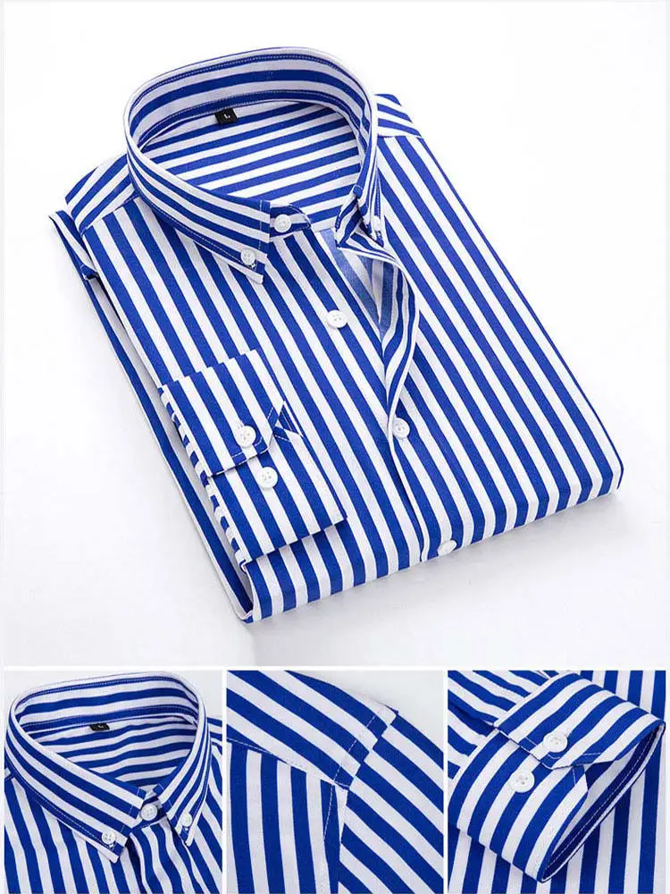 5XL размера плюс полосатые повседневные рубашки мужские с длинным рукавом классические деловые мужские рубашки нежелезные вечерние рубашки мужские брендовые - Цвет: Dark Blue