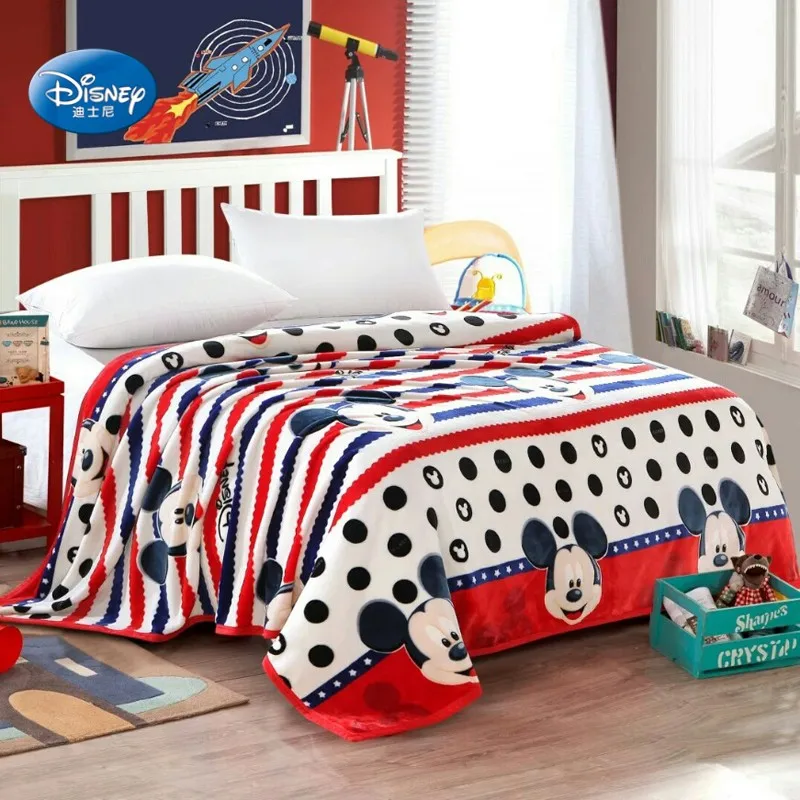 

Red and Blue Striped Polka Dot Thick Warm Soft Flannel Blanket Throw with Mickey Mouse Pattern 200x230cm for Children on Bed