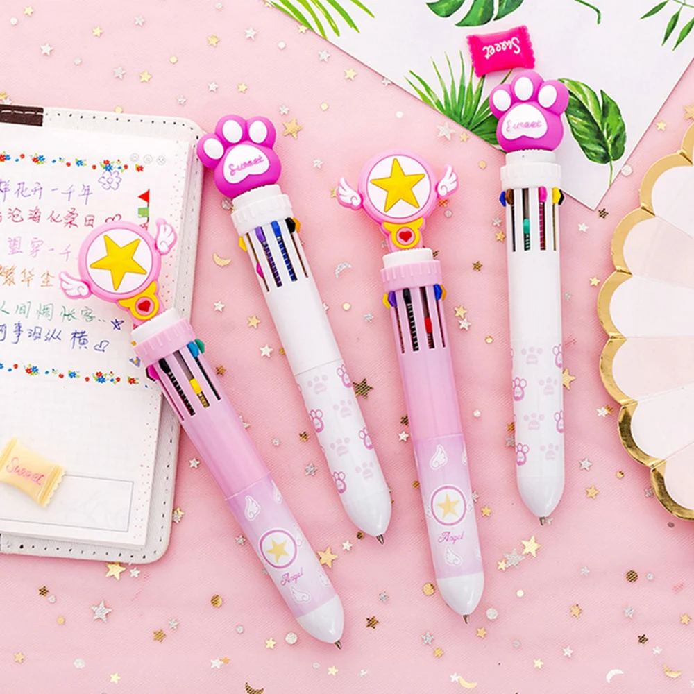 Cartoon-pink-paw-10-in-1-multi-colored-ballpoint-pen-push-type-pen-stationery-canetas-material (2)