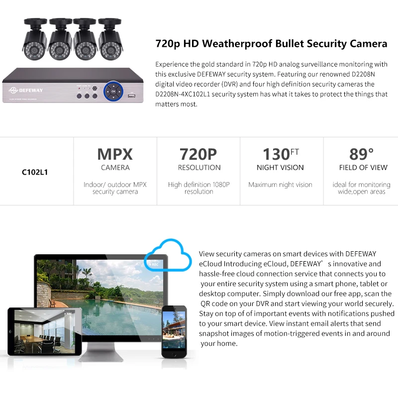 DEFEWAY HD 1080N P2P 8-канальный CCTV Системы видеонаблюдения DVR комплект 4 шт. Открытый ИК Ночное видение 1,0 МП CCTV Системы