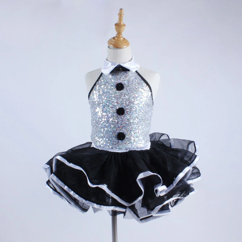 Backless Sequin Ballet Tutu Dress Girls Women Turn-Down Collar Modern Dance Costume Professional Botton Performance Clothes C461 - Цвет: Black