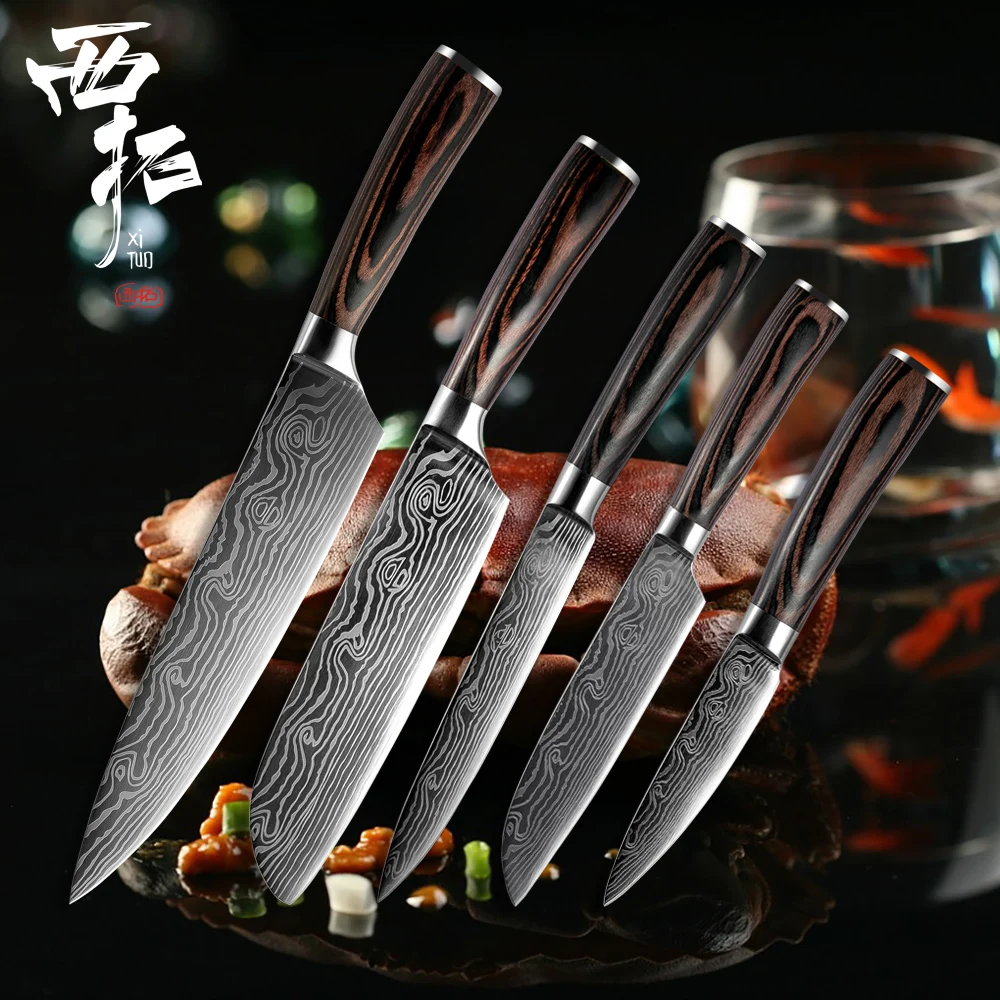 

XITUO kitchen chef knife cutting bread vegetables fillets meat santoku sharp laser damascus pattern wooden handle Cooking tool