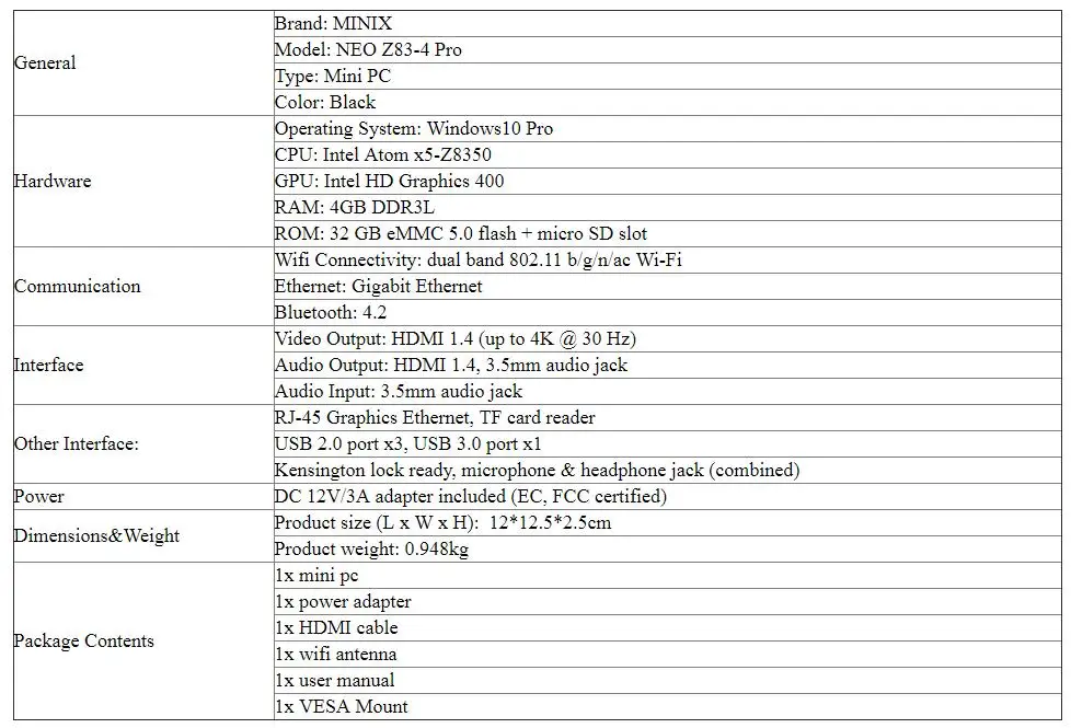 MINIX NEO Z83-4 Pro Intel Мини ПК официальный Windows 10 Pro мини ПК Intel Atom x5-Z8350 4 ГБ/32 ГБ с креплением VESA портативный мини ПК