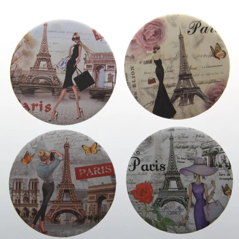 75mm Exquisite plastic Portable pocket mirror round shape foldable makeup mirror Eiffel Tower girls Cosmetic mirrors
