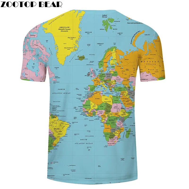 Футболка с 3D принтом «Карта мира», Мужская футболка для путешествий, Забавные футболки с коротким рукавом, уличная одежда, Прямая поставка с медведем из мультфильма «зверотоп»