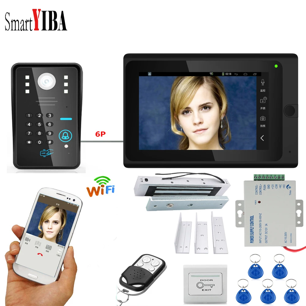 SmartYIBA 7 дюймов монитор RFID пароль Wifi беспроводной видео телефон двери дверной звонок камера домофон система с блоком питания дверной замок