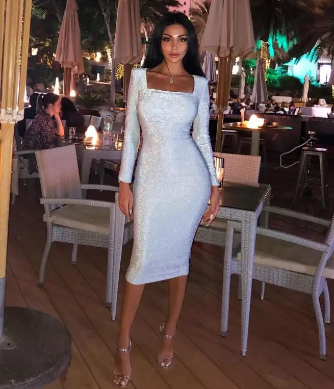 

Free Shipping Hot Ladies Sexy Long Sleeve Silver Bandage Dress 2019 Designer Fashion Party Dress Vestido