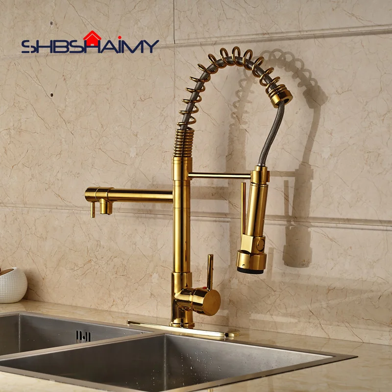 Golden Polished Kitchen Faucet Pull Down Dual Spouts 360 direction