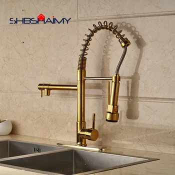 

Golden Polished Kitchen Faucet Pull Down Dual Spouts 360 direction Shower Kitchen Mixer Crane Hot Cold 2 Outlet Spring Tap