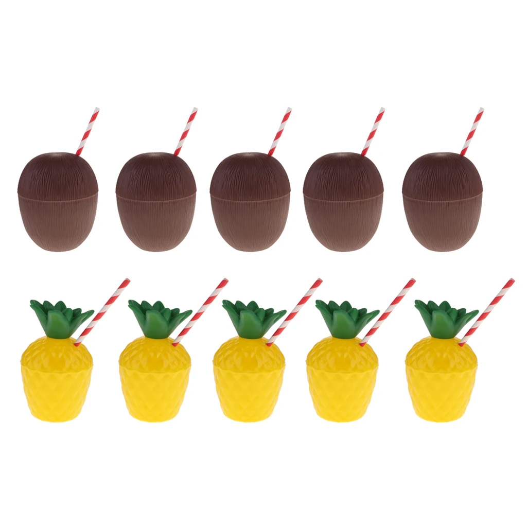 10pcs Hawaii Tropical Pineapple Coconut Drink Cups &Straw Cocktail Beach Birthday Party Decor
