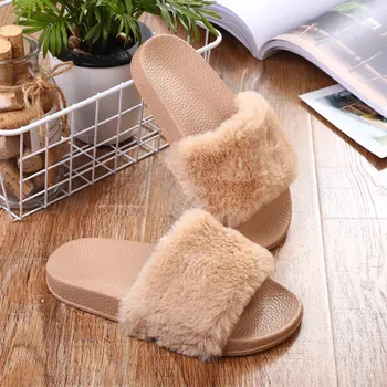 

Woman Shoes Plush Slippers For Ladies Pearl Rhinestone Faux Fur Slides Soft Leisure Summer Home Flip Flops Female Flats Footwear