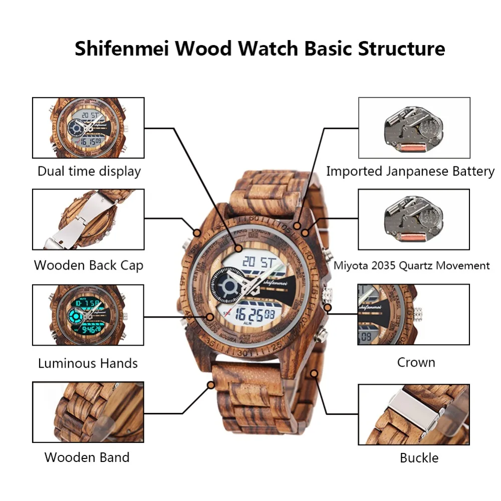 top luxury brand Shifenmei 2139 Antique Mens Zebra and Ebony Wood Watches with Double Display Business Watch in Wooden digital quartz watch drop shipping 2019 (12)