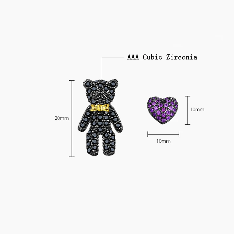 Горячая Мода AAA кубический цирконий Кристалл Асимметричный медведь серьги новые красное сердце черный медведь серьги-гвоздики с животными для женщин ювелирные изделия
