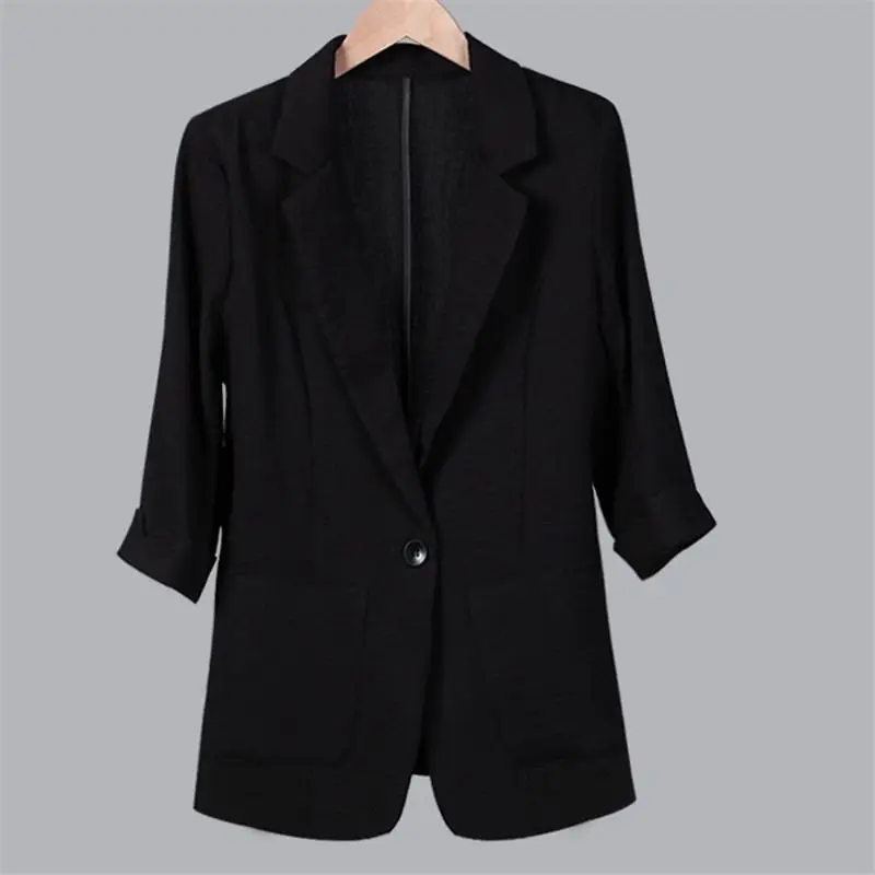 Новинка, летний женский офисный костюм высокого качества, Женский однотонный Блейзер размера плюс 7XL, винтажный пиджак из хлопка и льна S01 - Цвет: Черный