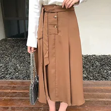 Новое прибытие шикарный длинный подол стандартная юбка Тонкий Сплит Декор вилки Женская длинная юбка с поясом