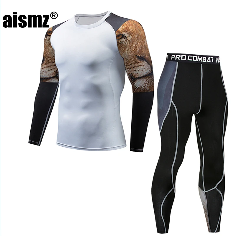 Aismz, мужское термобелье, костюмы, наборы, печать, компрессионное, флис, пот, быстрое высыхание, термо нижнее белье, Мужская одежда, кальсоны - Color: AZ2002B