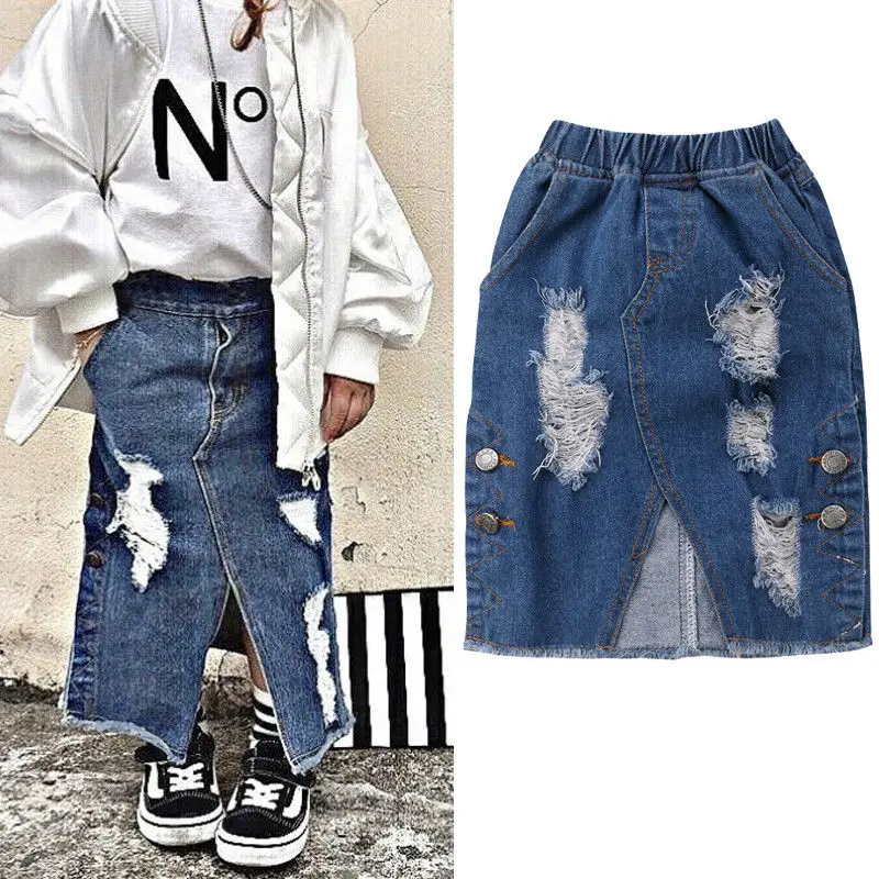 

2018 Newly Summer Fashion Causal Toddler Baby Girls Skirts Denim Blue Button High Waist Hole Straight Ankle-Length Skirts