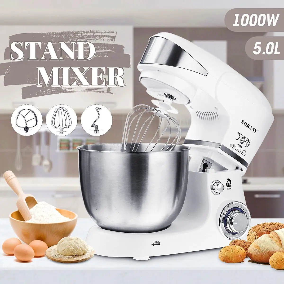

New Arrival 2019 1000W 5L Electric Food Mixer 6 speed Stainless Steel Bowl Egg Dough Mixer Maker Machine Kitchen Cooking Tools