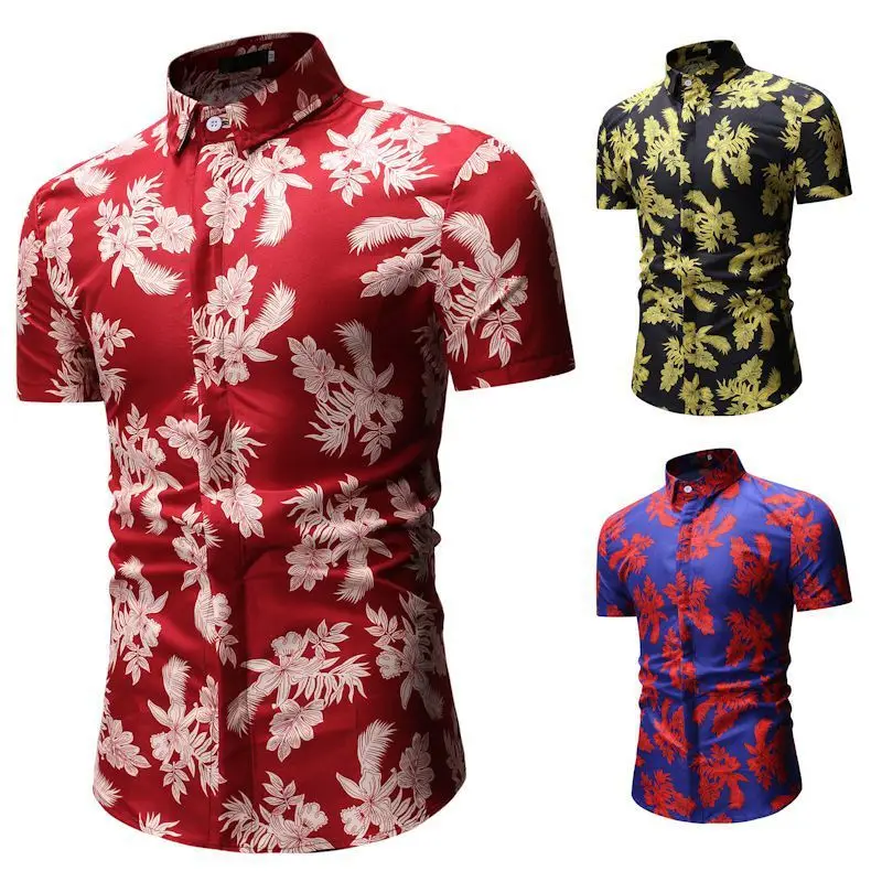 

New 2019 Men s Shirt Summer Men s Leisure Short sleeved Flower Shirt