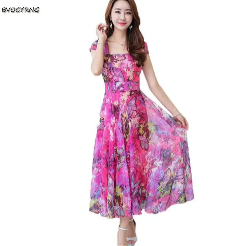 Женское пляжное платье с квадратным воротником Boho длинное шифоновое принтом