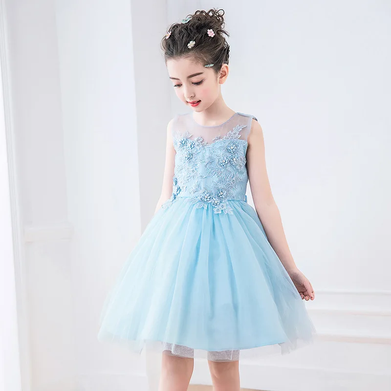 

Summer 2019 Girls Party Dress Kids Blue Appliques Girl Vestido Festa Infantil 4 6 8 10 12 14 Years Old Girls Clothes RKF184028