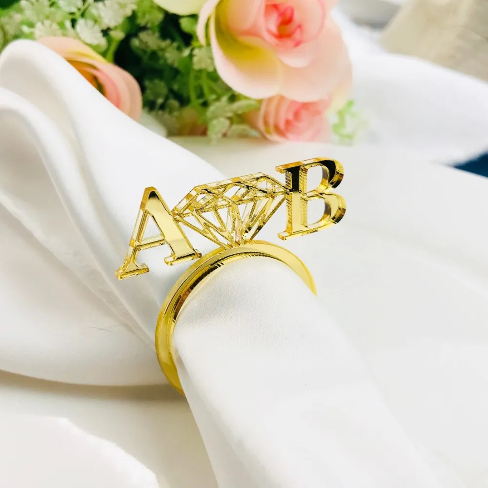 

Personalized table decoration Diamond Gold Napkin Ring Custom Wedding napkin rings Acrylic Cut Napkin Ring with Heart Initials