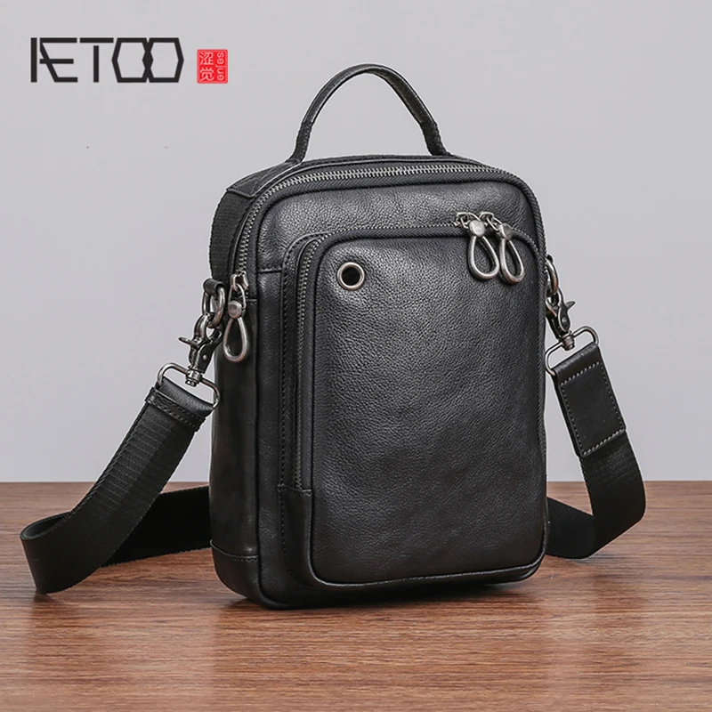 

BJYL Men's shoulder bag leather casual vertical small bag male trend head layer Cowhide oblique cross bag