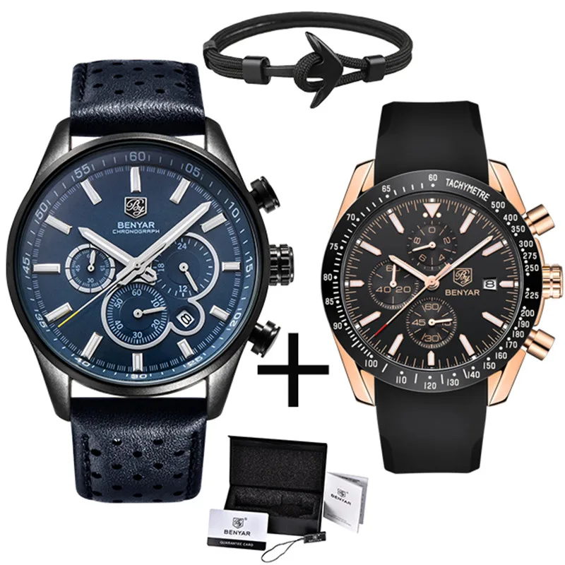 

BENYAR Luxury Brand Quartz Military Sport Waterproof Watch Men Business Leather Strap Date Chronograph erkek kol saati+Box+Gift