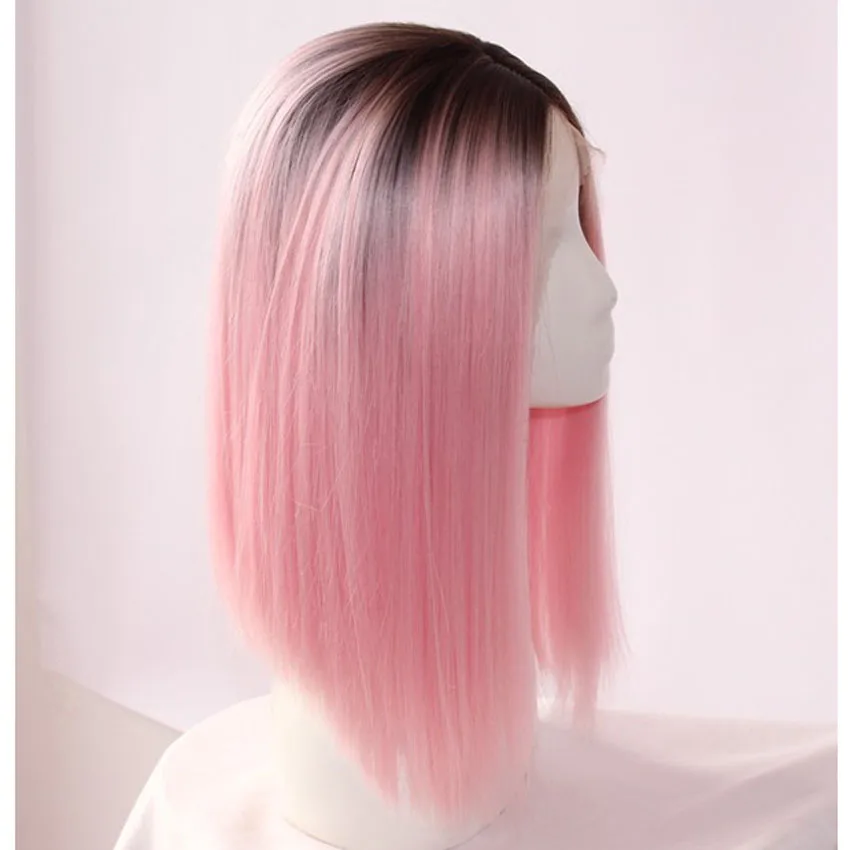 

RONGDUOYI Ombre Black/Pink Short Bob Wigs for Women Two Tone Short Silky Straight Synthetic Lace Front Wig with Middle Part