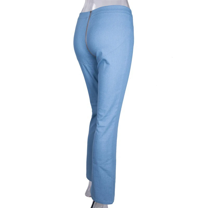 CWLSP осенние брюки для женщин модные джинсы с молнией сзади однотонные повседневные расклешенные джинсовые брюки женская одежда эластичная QZ2969