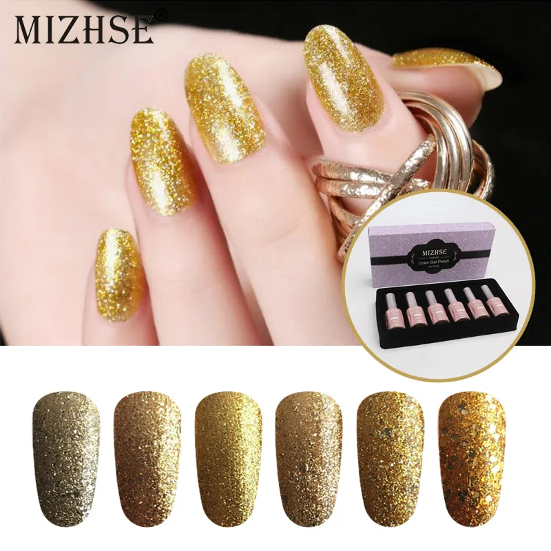 MIZHSE 3D Diamond Glitter Nail Gel Polish UV Gel Nail Lacquer Gold