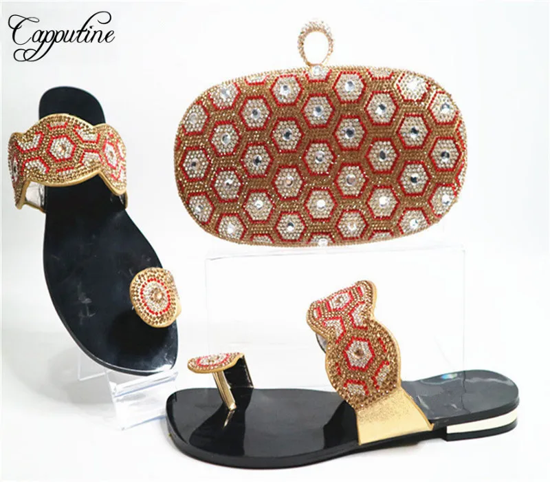 

Capputine New African Rhinestone Woman Shoes And Purse Set African Style Low Heels Shoes And Bag Set For Party Size 38-42 G20