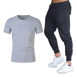 Новые мужские брюки + футболки комплект тренажерные залы Фитнес тренировки мужские спортивные штаны хлопчатобумажные спортивные брюки